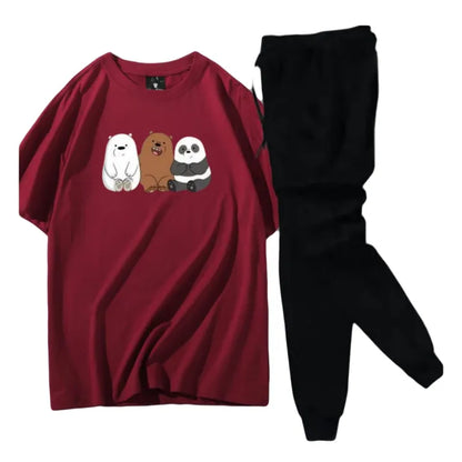 Maroon Trendy Cute 3 Bear Printed Tracksuit For Girls & Womens - Soft & Comfortable Fabric T Shirt & Trouser Summer Wear Tracksuit By OUTFITTERS 2.0